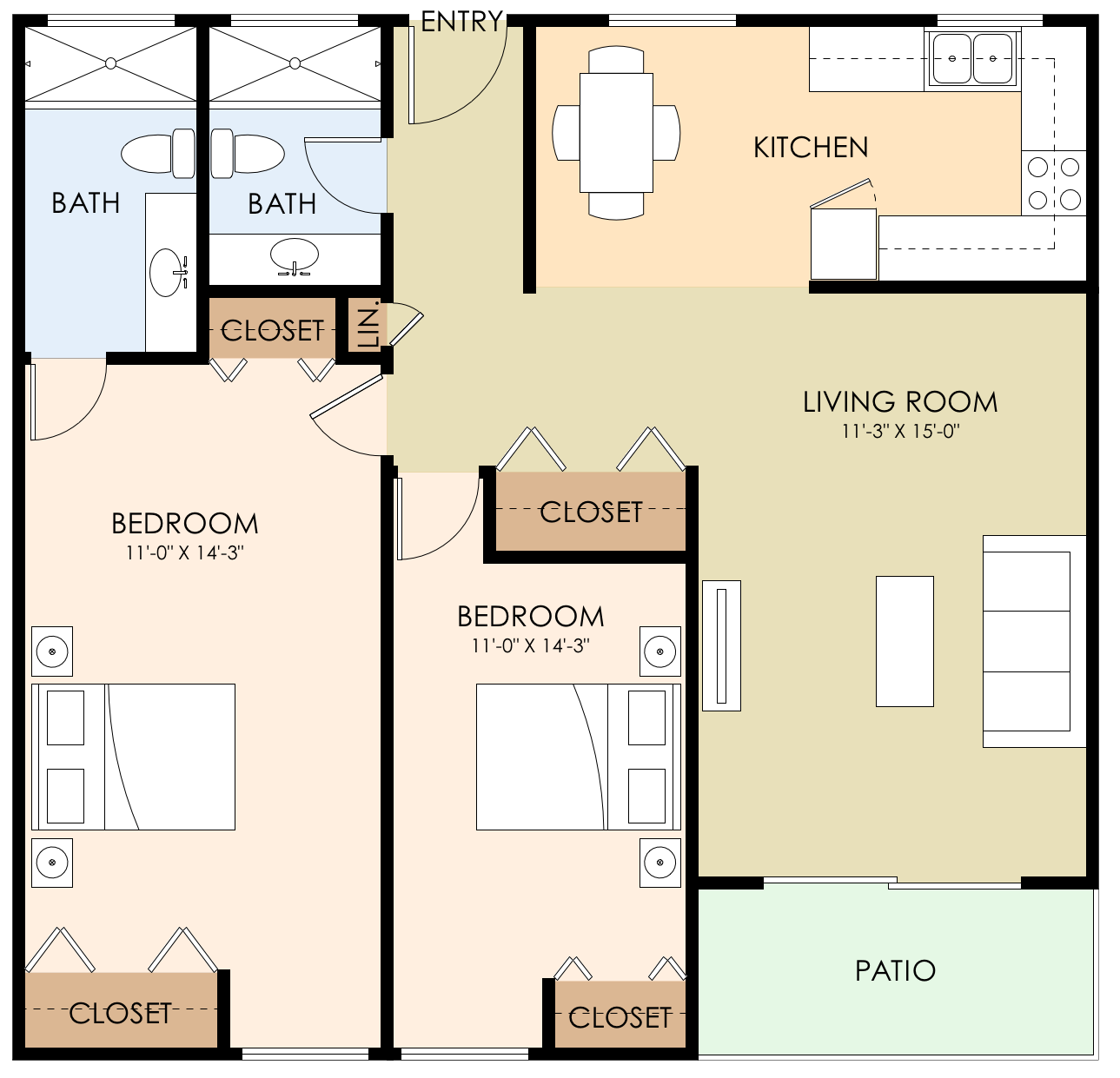 Floor plan for 2 beds, 2 baths, 960 sqft